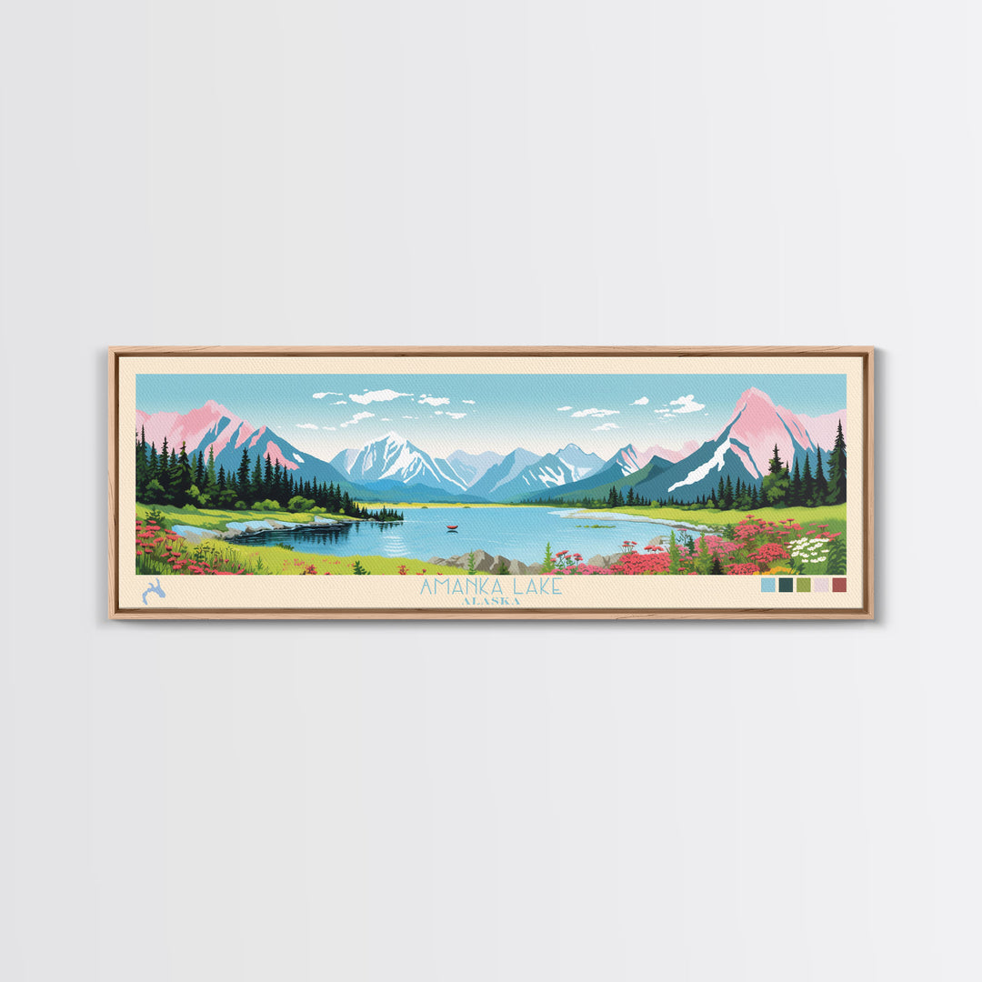 Amanka Lake Alaska Framed Canvas Print, Panoramic Wall Art, Midcentury Modern, Pop Art, Travel Poster, Living Room Art