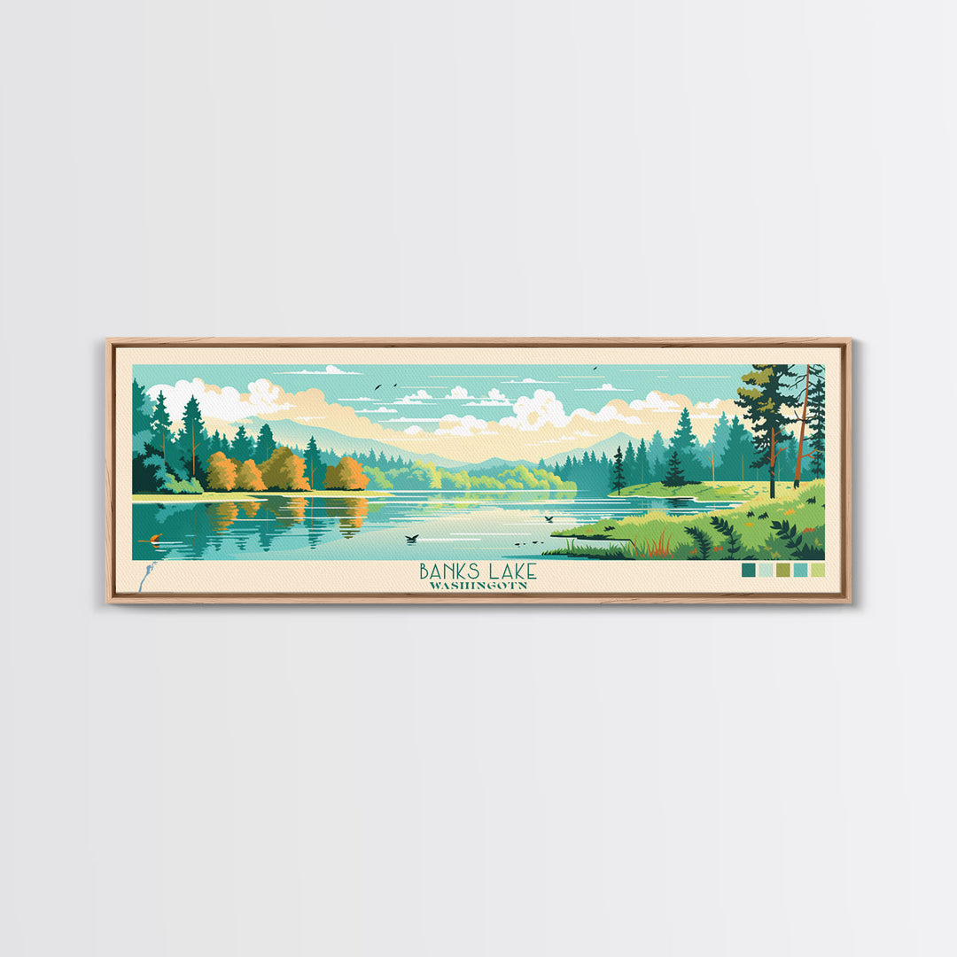 Banks Lake Washington Framed Canvas Print, Panoramic Wall Art, Midcentury Modern, Pop Art, Travel Poster, Scenic Lake House Art