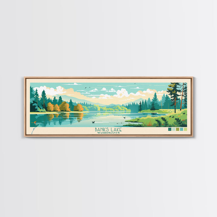 Banks Lake Washington Framed Canvas Print, Panoramic Wall Art, Midcentury Modern, Pop Art, Travel Poster, Scenic Lake House Art