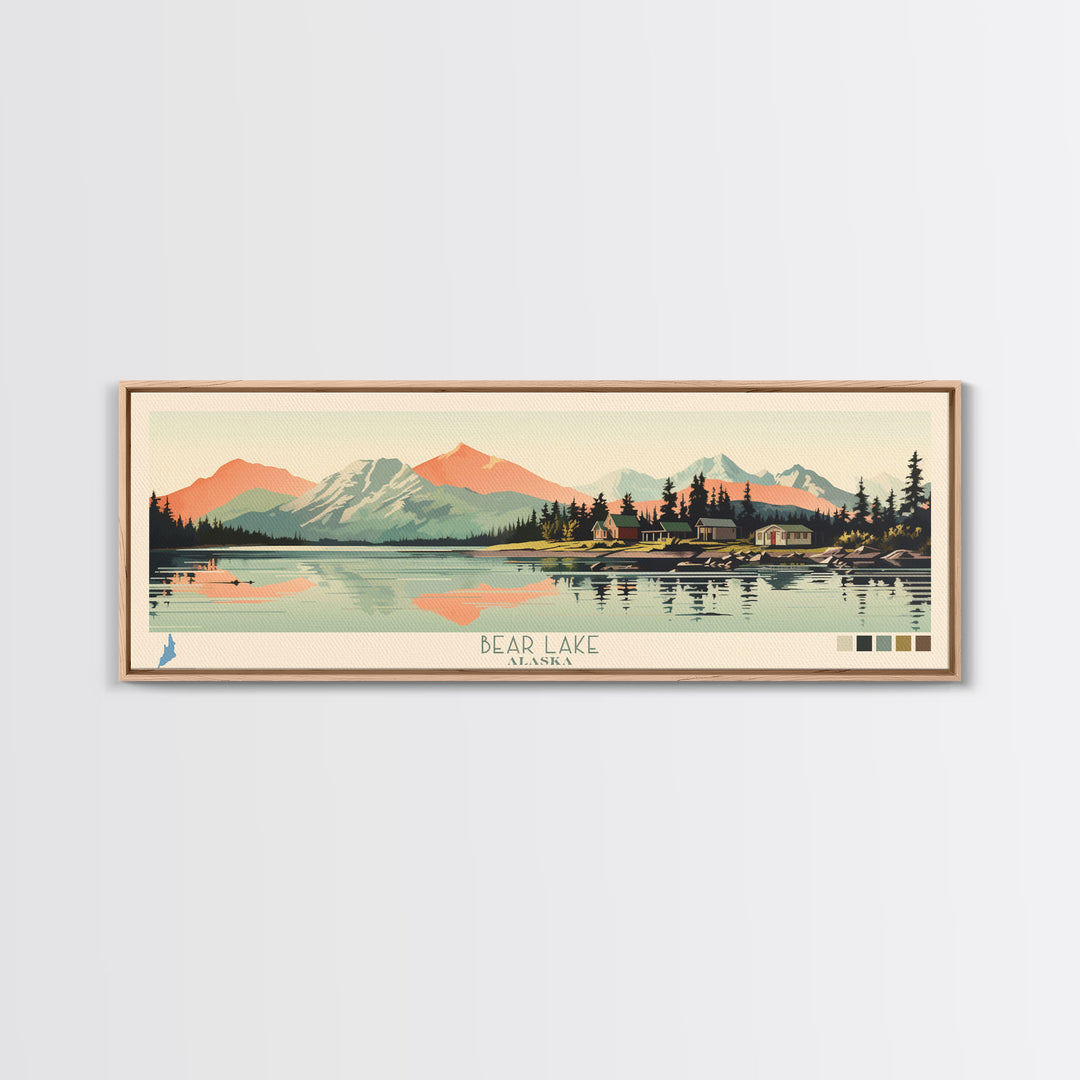 Bear Lake Southwest Alaska Framed Canvas Print, Panoramic Wall Art, Midcentury Modern, Pop Art, Travel Poster, Scenic Bedroom Art, Living Room Decor