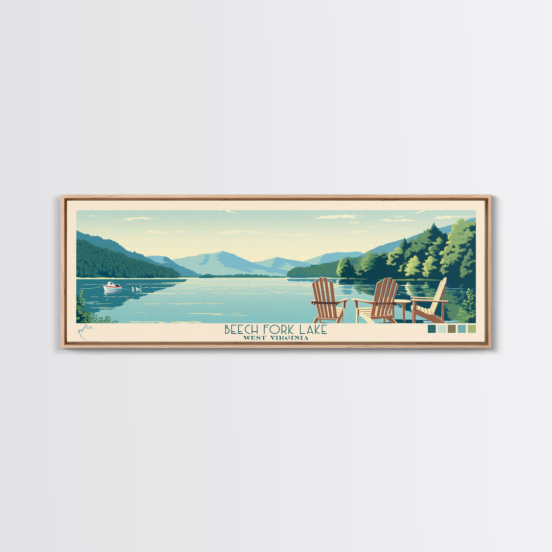 Beech Fork Lake West Virginia Framed Canvas Print, Panoramic Wall Art, Midcentury Modern, Pop Art, Travel Poster, Scenic Lake House Decor, Bedroom Art