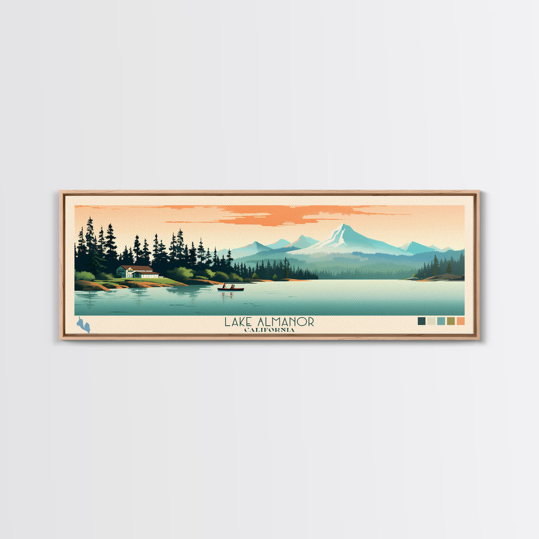 Lake Almanor California Framed Canvas Print, Panoramic Art, Midcentury Modern, Pop Art, Living Room Wall Art, Travel Poster, Lake House Decor