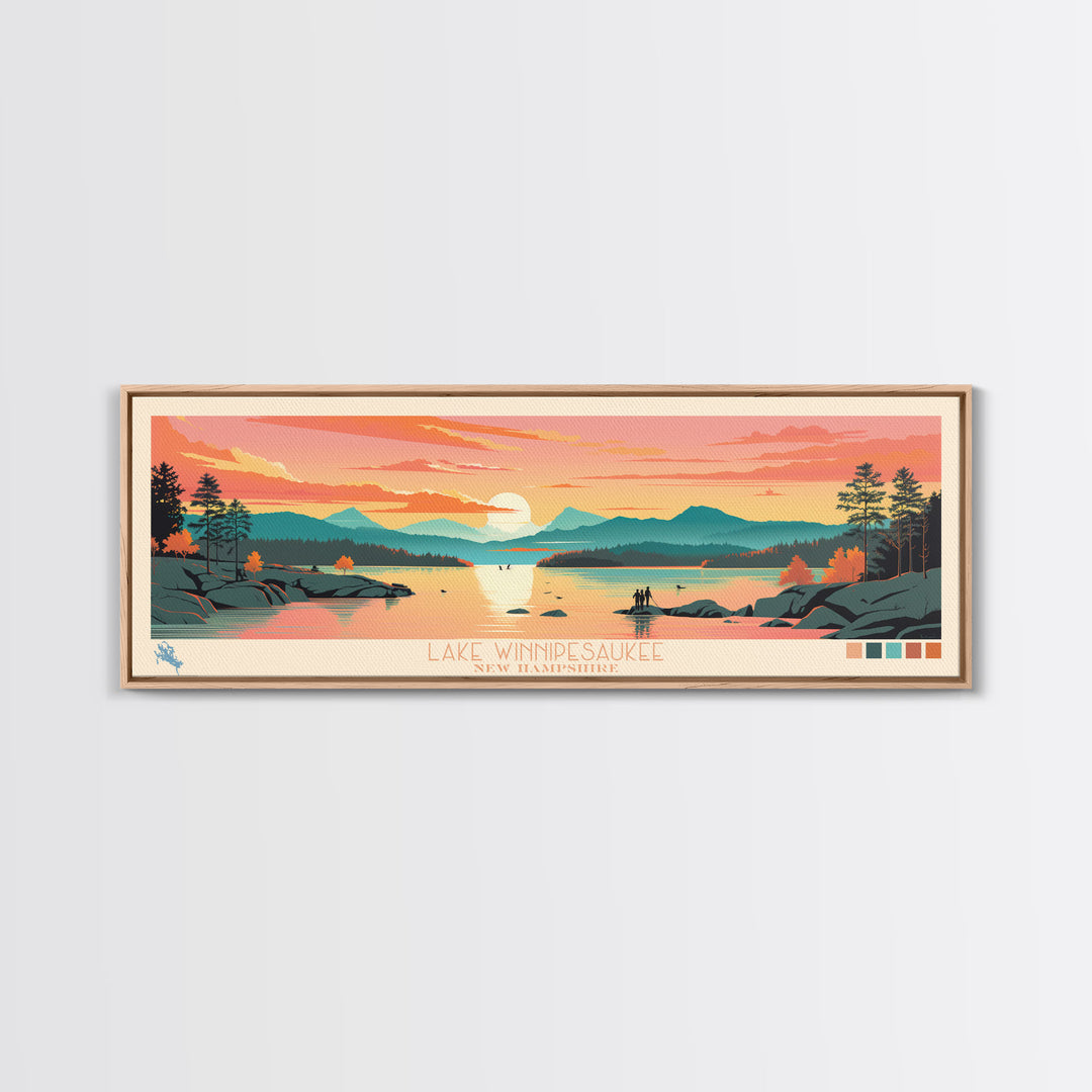 Lake Winnipesaukee, New Hampshire Panoramic Wall Art Framed Canvas Print, Midcentury Modern, Pop Art, Home Decor, Travel Poster, Living Room Art