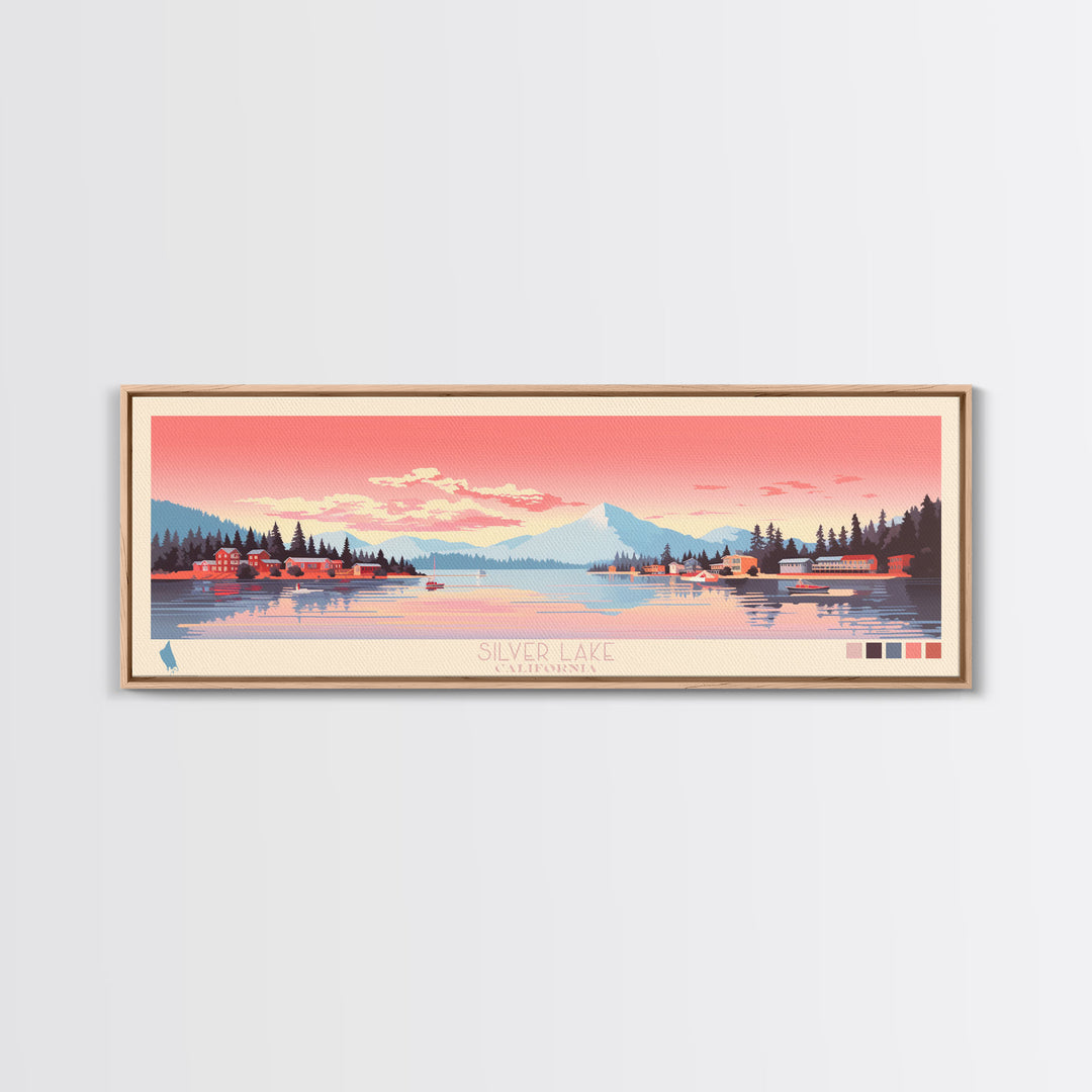 Silver Lake, California Framed Canvas Print, Panoramic Travel Poster, Midcentury Modern Art, Wall Art, Pop Art, Living Room Decoration