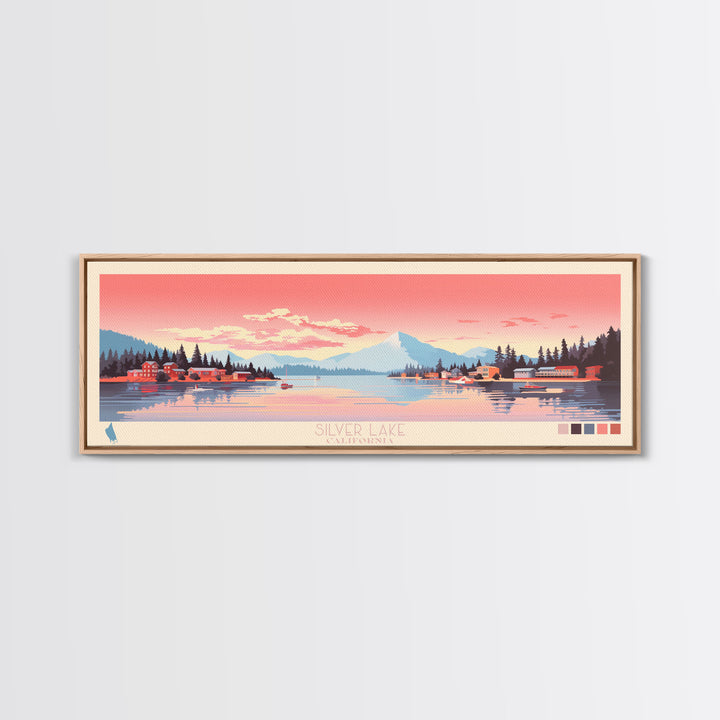 Silver Lake, California Framed Canvas Print, Panoramic Travel Poster, Midcentury Modern Art, Wall Art, Pop Art, Living Room Decoration