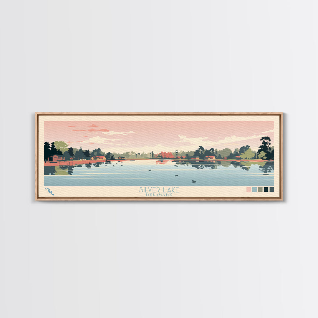 Silver Lake, Delaware Framed Canvas Print, Panoramic Wall Art, Midcentury Modern Decor, Pop Art, Travel Poster, Home Decoration