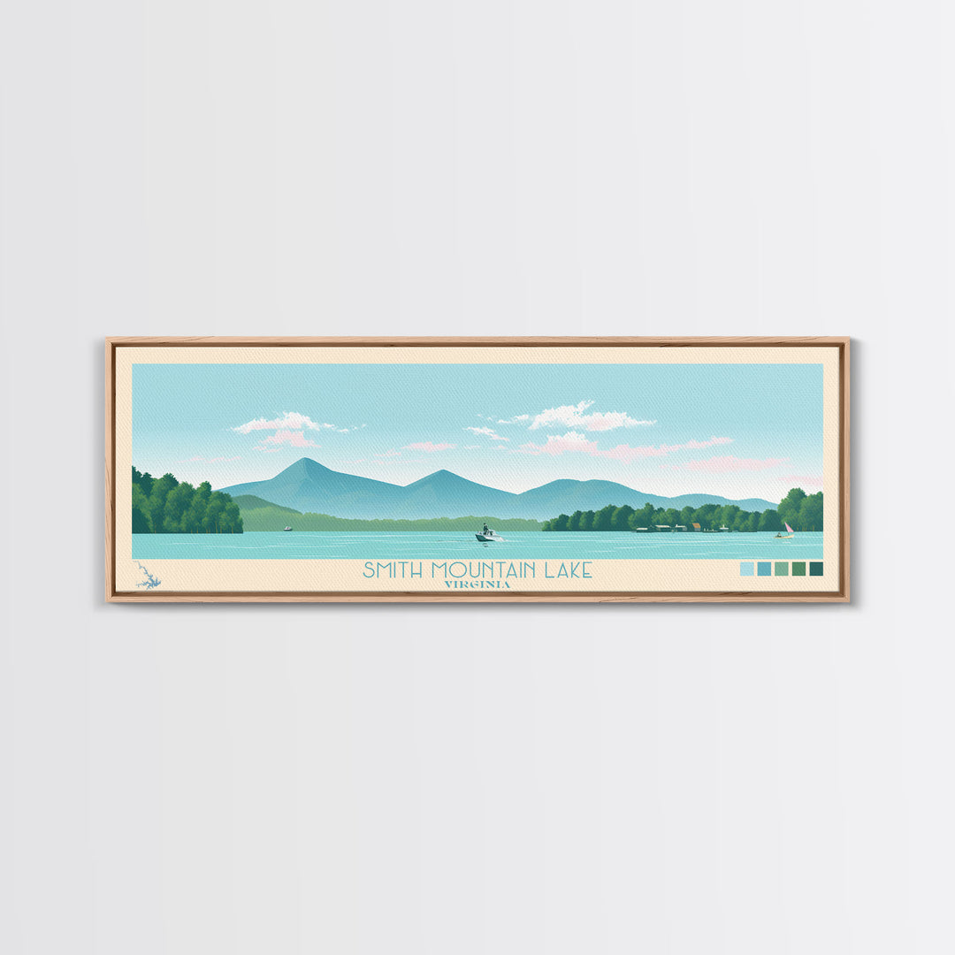 Smith Mountain Lake, Virginia Framed Canvas Print, Lake House Decor, Midcentury Modern Art, Pop Art, Travel Poster, Bedroom Wall Art