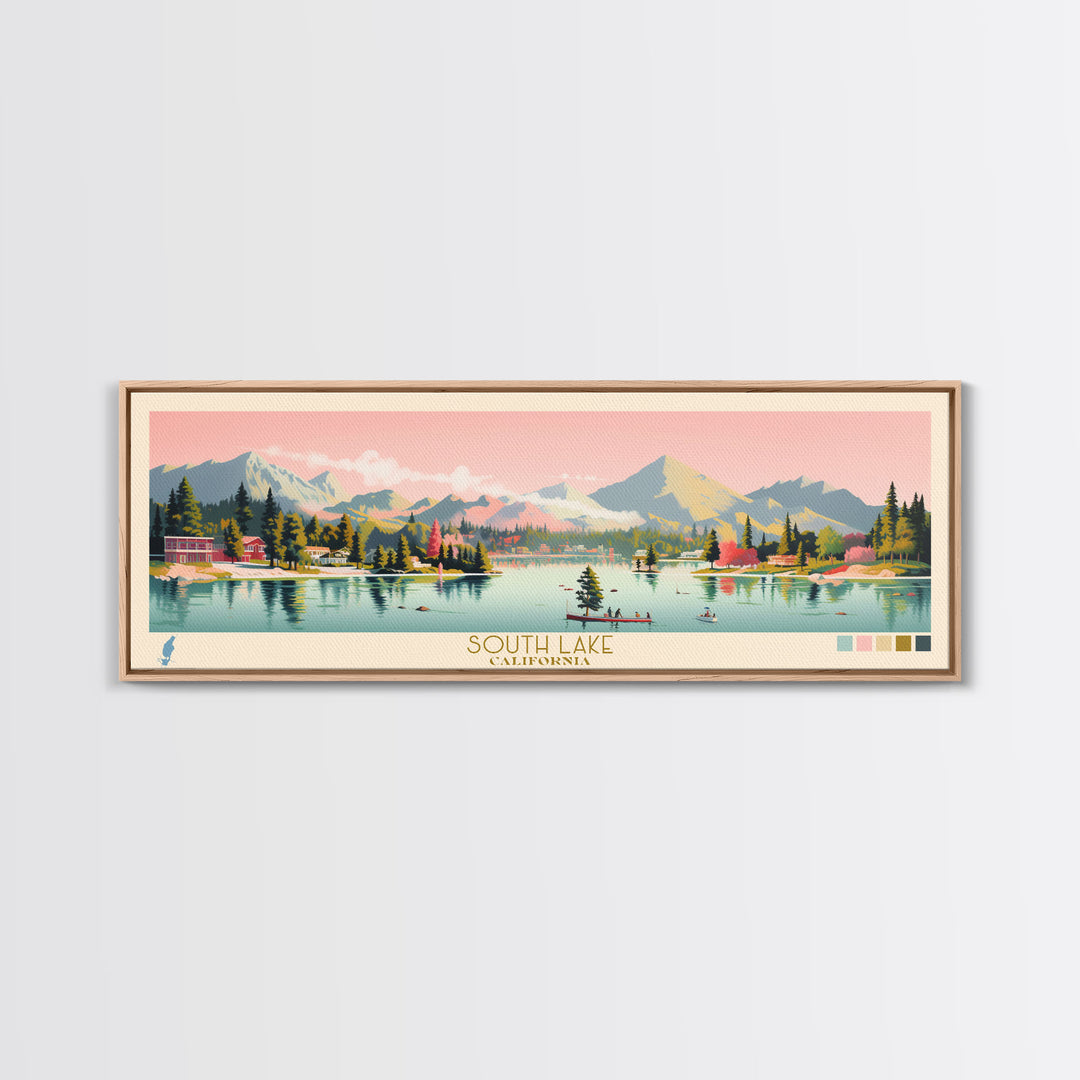 South Lake, California Framed Canvas Print, Lake House Decor, Midcentury Modern Art, Pop Art, Travel Poster, Bedroom Wall Art