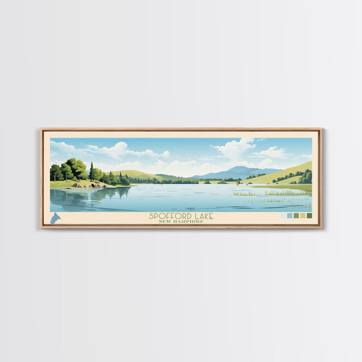 Spofford Lake, New Hampshire Framed Canvas Print, Lake House Art, Midcentury Modern Decor, Pop Art, Travel Poster, Living Room Wall Art