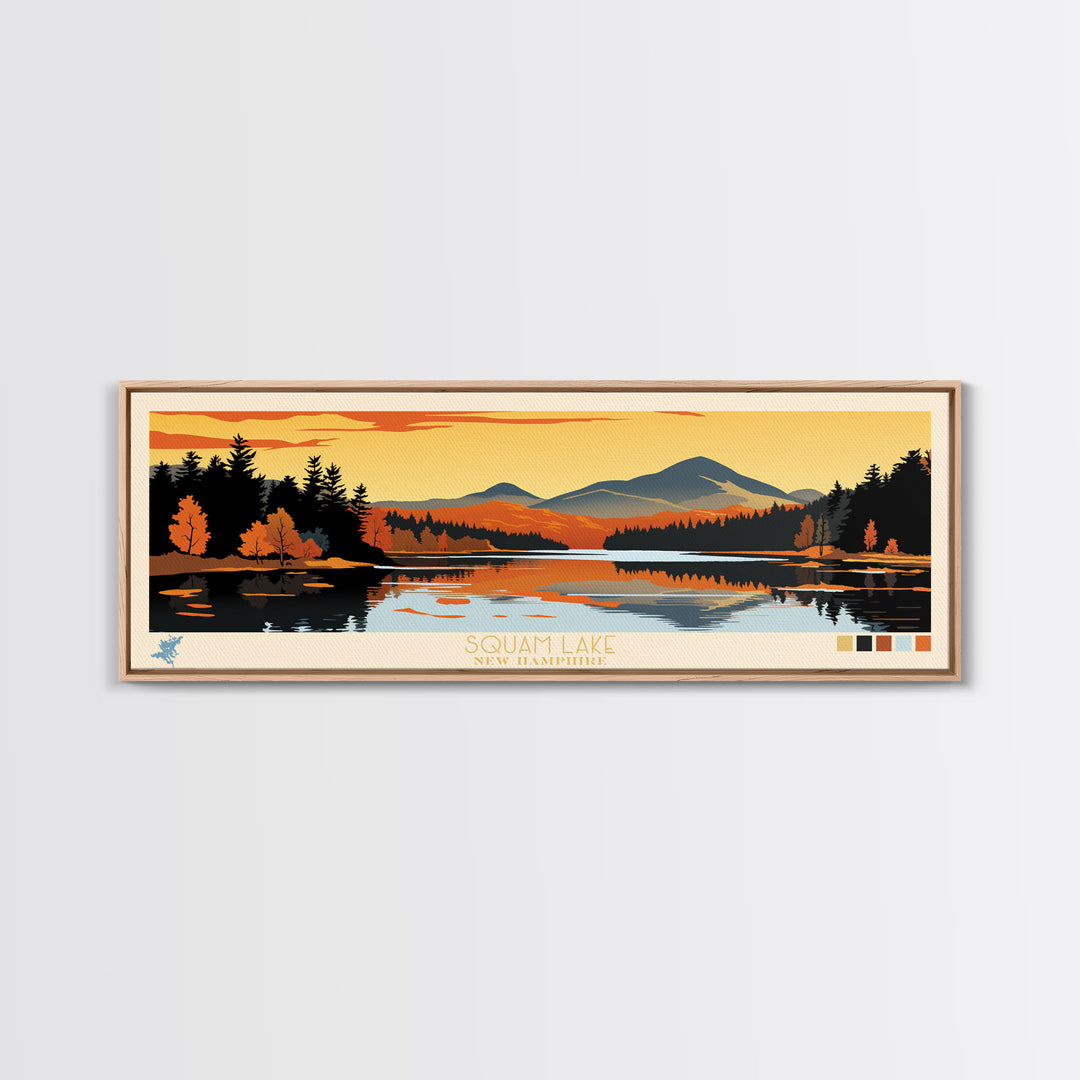 Squam Lake, New Hampshire Framed Canvas Print, Lake House Art, Midcentury Modern Decor, Pop Art, Travel Poster, Living Room Wall Art