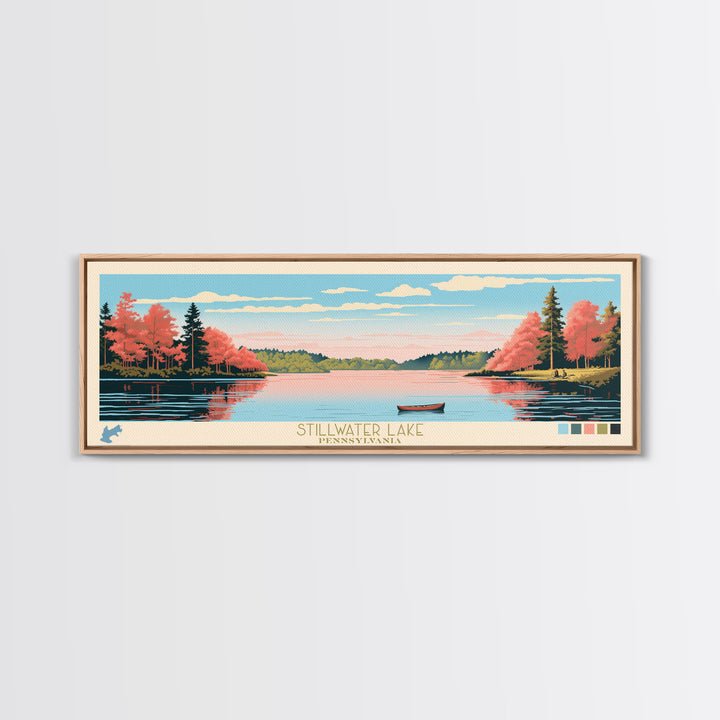 Stillwater Lake, Pennsylvania Framed Canvas Print, Lake House Decor, Midcentury Modern Art, Pop Art, Travel Poster, Bedroom Wall Art