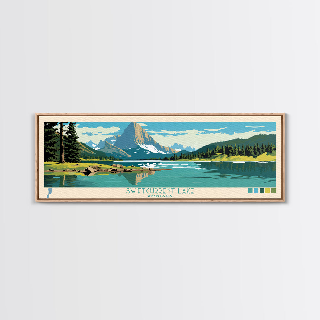 Swiftcurrent Lake, Montana Framed Canvas Print, Lake House Art, Midcentury Modern Decor, Pop Art, Travel Poster, Living Room Wall Art