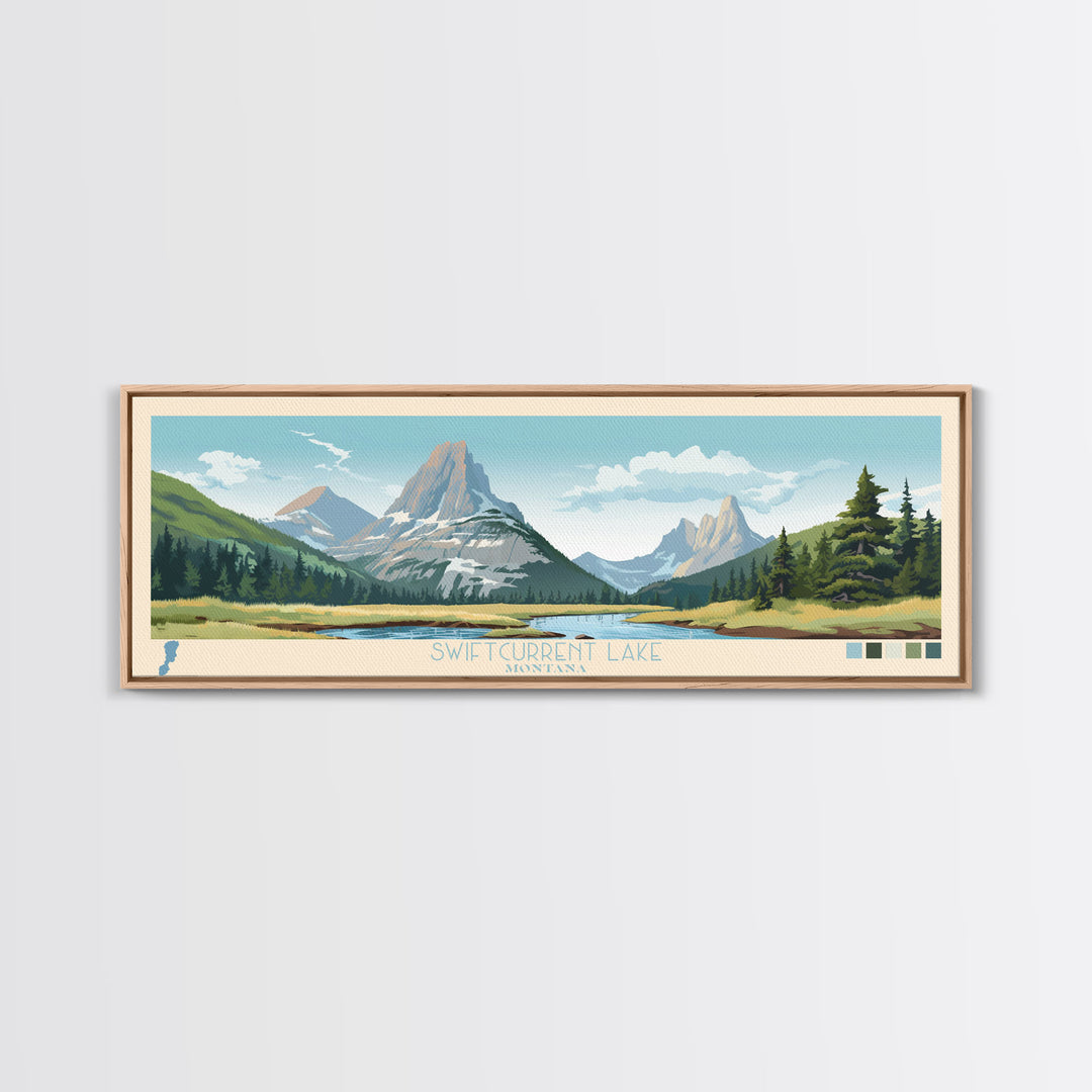 Swiftcurrent Lake, Montana Framed Canvas Print, Lake House Decor, Midcentury Modern Art, Pop Art, Travel Poster, Bedroom Wall Art