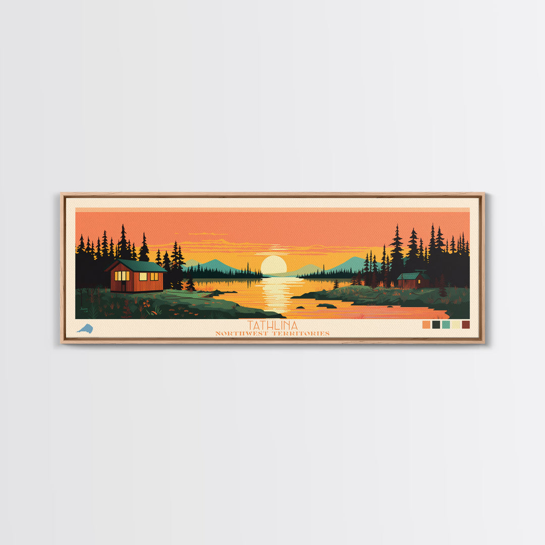 Tathlina Lake, Northwest Territories Framed Canvas Print, Lake House Art, Midcentury Modern Decor, Pop Art, Travel Poster, Wall Art