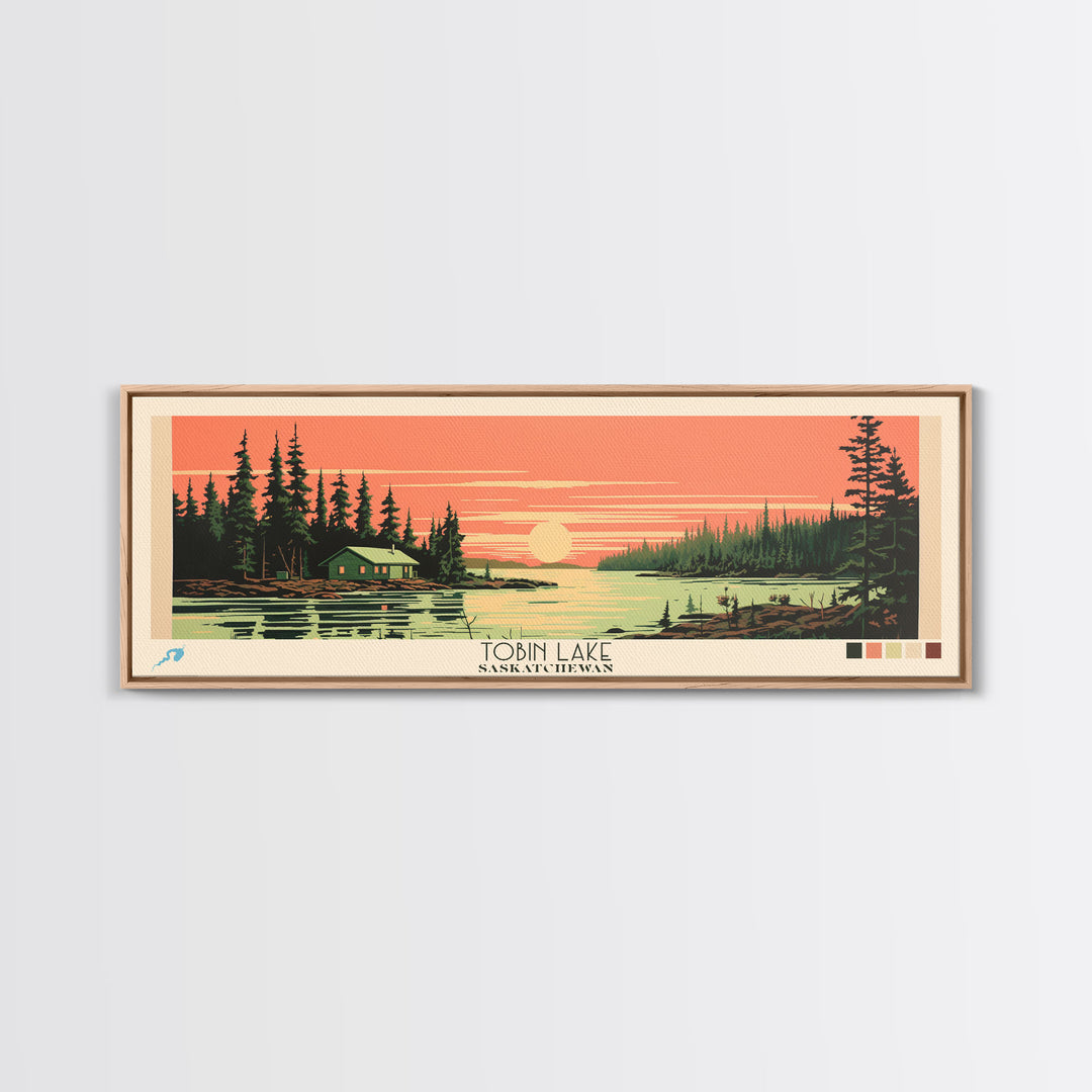 Tobin Lake, Saskatchewan Framed Canvas Print, Lake House Art, Midcentury Modern Decor, Pop Art, Travel Poster, Bedroom Wall Art