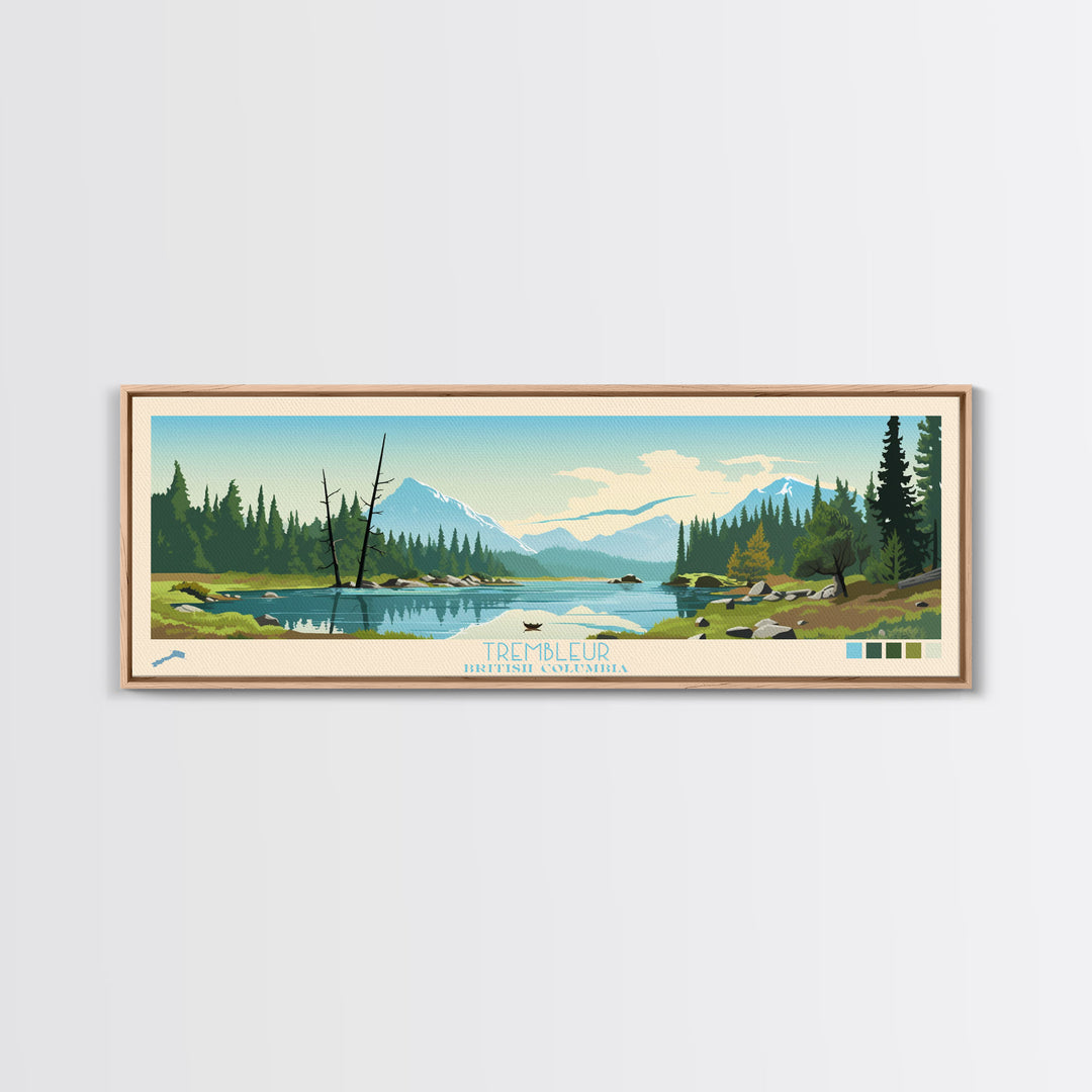 Trembleur Lake, British Columbia Framed Canvas Print, Lake House Art, Midcentury Modern Decor, Pop Art, Travel Poster, Bedroom Wall Art