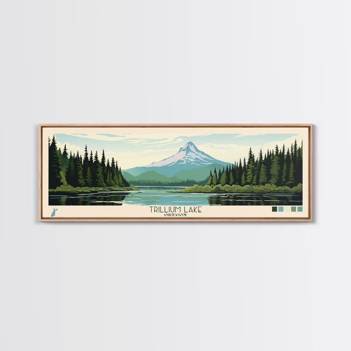 Trillium Lake, Oregon Framed Canvas Print, Lake House Art, Midcentury Modern Decor, Pop Art, Travel Poster, Bedroom Wall Art