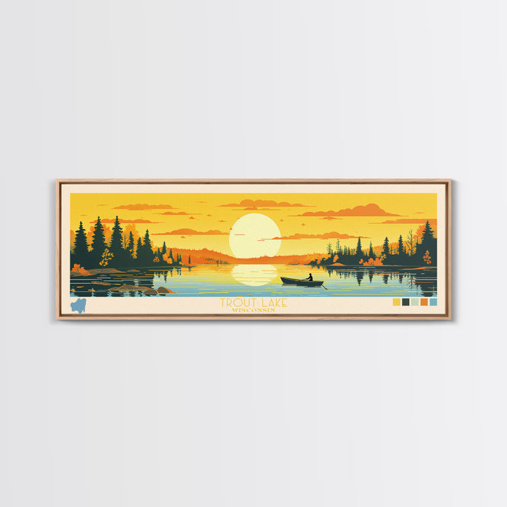 Trout Lake, Wisconsin Framed Canvas Print, Lake House Art, Midcentury Modern Decor, Pop Art, Travel Poster, Bedroom Wall Art