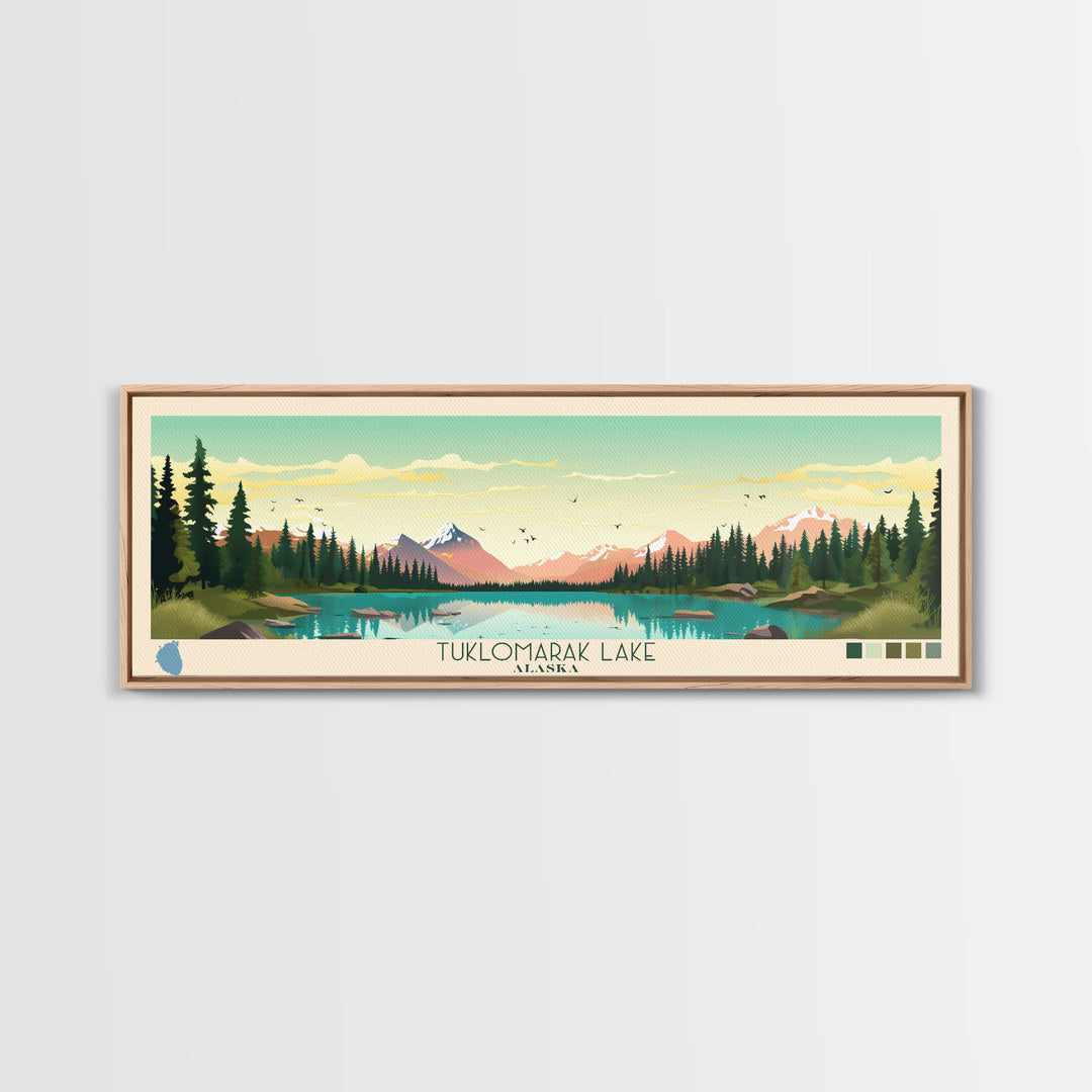 Tuklomarak Lake, Alaska Framed Canvas Print, Lake House Art, Midcentury Modern Decor, Pop Art, Travel Poster, Bedroom Wall Art