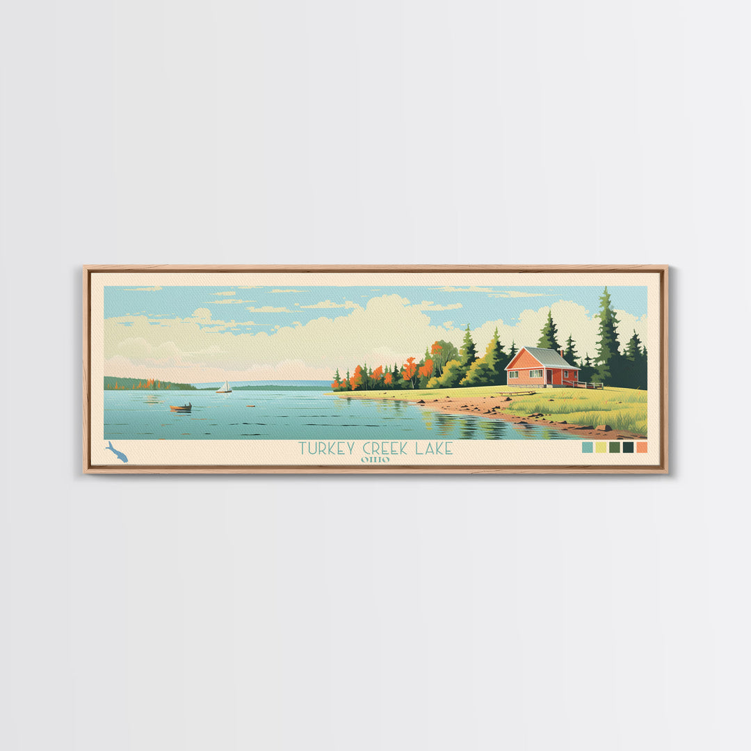 Turkey Creek Lake, Ohio Framed Canvas Print, Lake House Decor, Midcentury Modern Art, Pop Art, Travel Poster, Living Room Wall Art