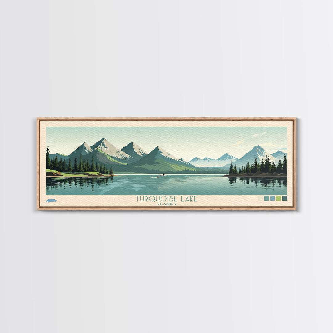 Turquoise Lake, Alaska Framed Canvas Print, Lake House Decor, Midcentury Modern Art, Pop Art, Travel Poster, Living Room Wall Art