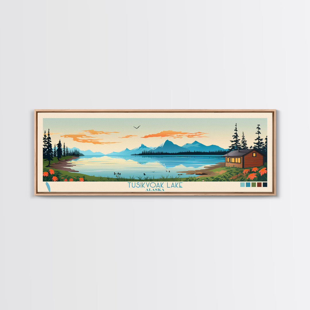 Tusikvoak Lake, Alaska Framed Canvas Print, Lake House Art, Midcentury Modern Decor, Pop Art, Travel Poster, Bedroom Wall Art