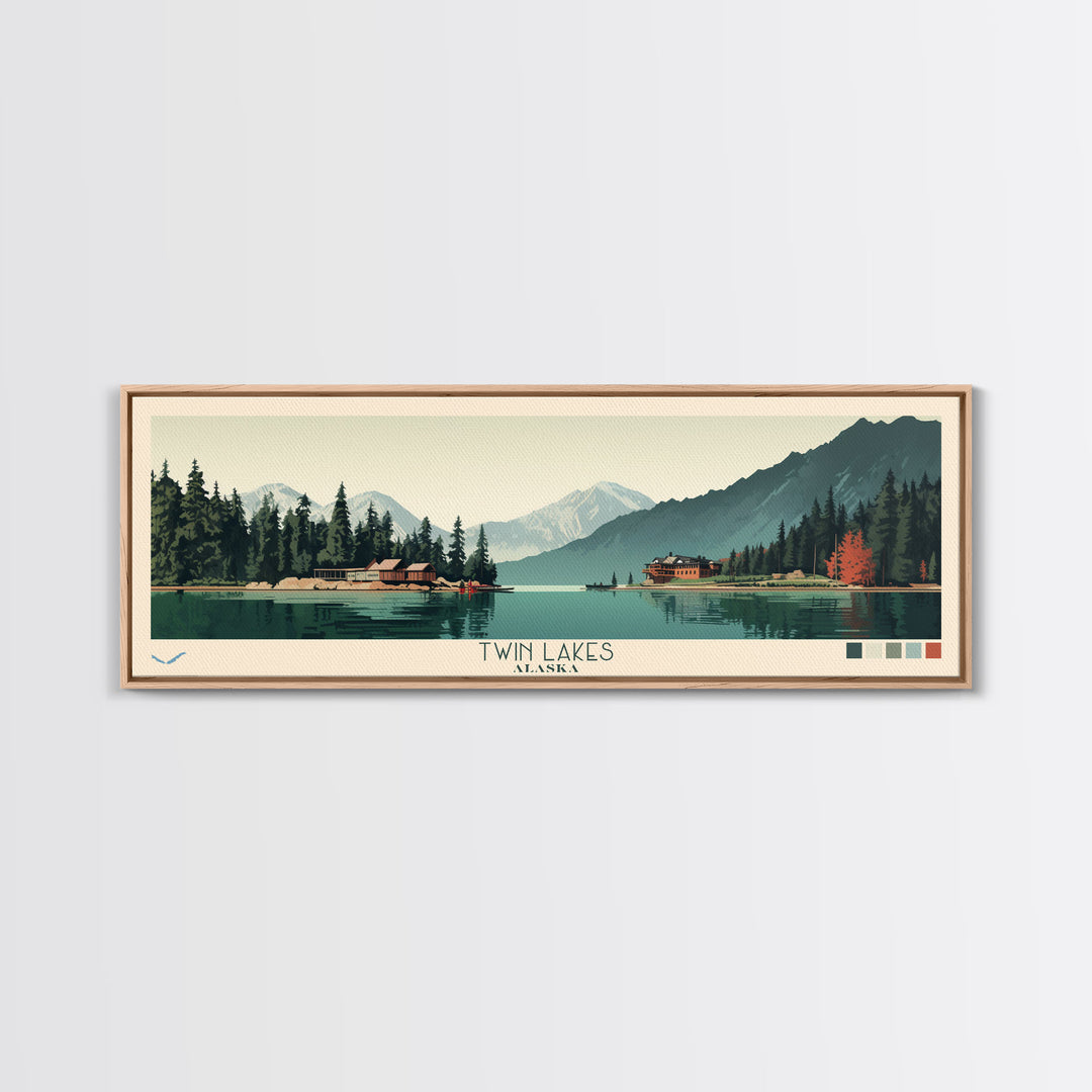 Twin Lakes, Alaska Framed Canvas Print, Lake House Art, Midcentury Modern Decor, Pop Art, Travel Poster, Bedroom Wall Art