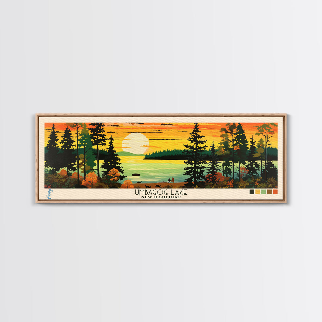 Umbagog Lake, New Hampshire Framed Canvas Print, Panoramic Lake House Art, Midcentury Modern Decor, Pop Art, Travel Poster, Living Room Wall Art