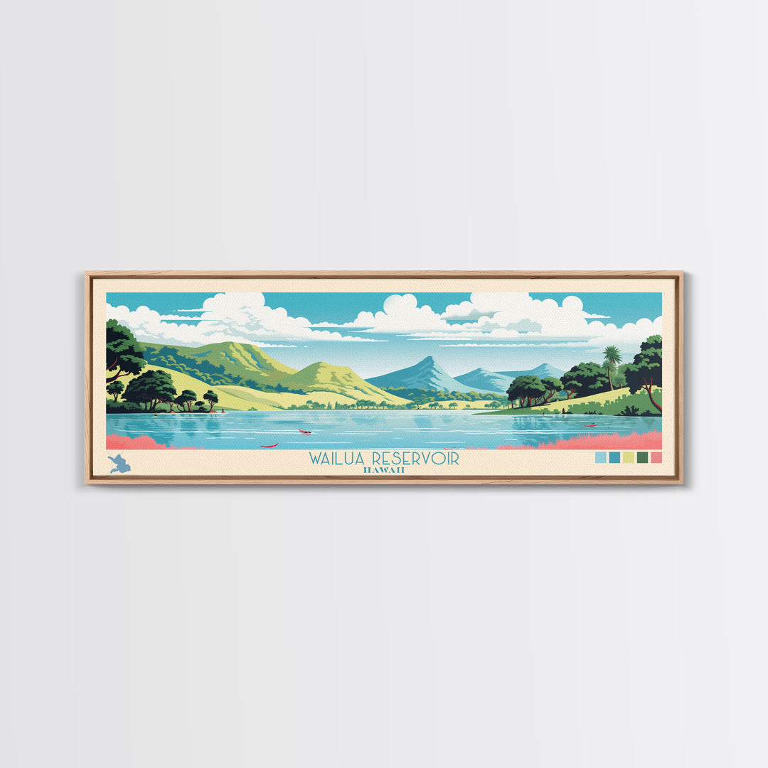 Wailua Reservoir, Hawaii Framed Canvas Print, Panoramic Lake House Art, Midcentury Modern Decor, Pop Art, Travel Poster, Living Room Wall Art