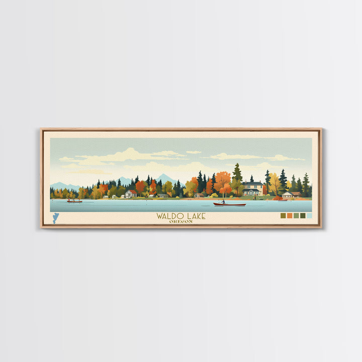 Waldo Lake, Oregon Framed Canvas Print, Panoramic Lake House Art, Midcentury Modern Decor, Pop Art, Travel Poster, Living Room Wall Art