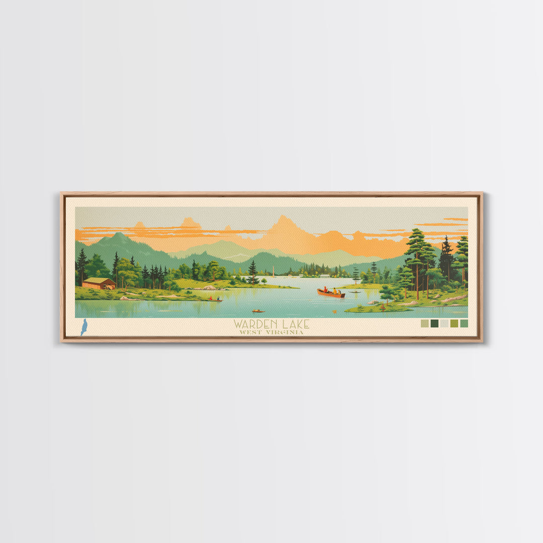 Warden Lake, West Virginia Framed Canvas Print, Panoramic Lake House Art, Midcentury Modern Decor, Pop Art, Travel Poster, Living Room Wall Art