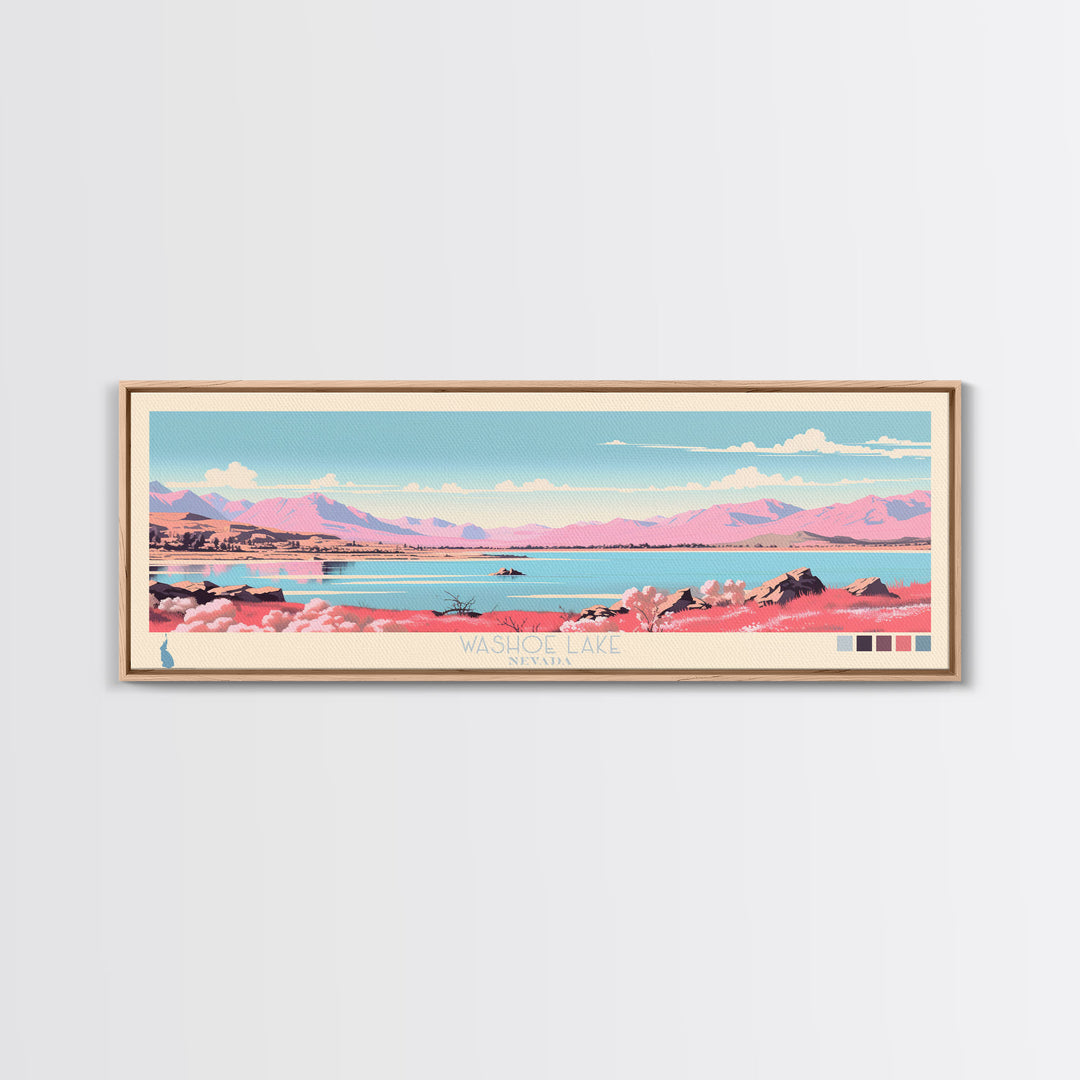 Washoe Lake, Nevada Framed Canvas Print, Panoramic Lake House Decor, Midcentury Modern Art, Pop Art, Travel Poster, Bedroom Wall Art