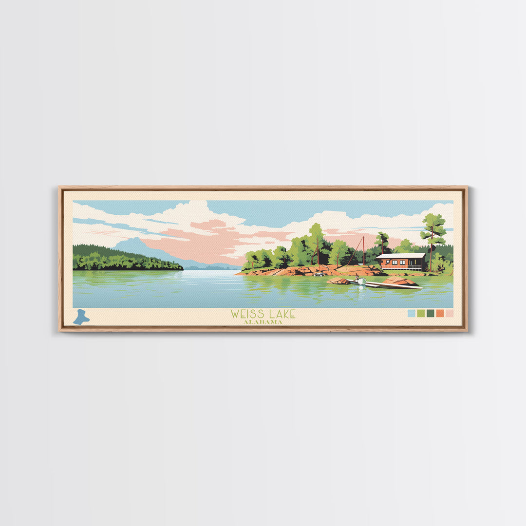 Weiss Lake, Alabama Framed Canvas Print, Lake House Decor, Panoramic Art, Midcentury Modern, Pop Art, Travel Poster, Living Room Wall Art