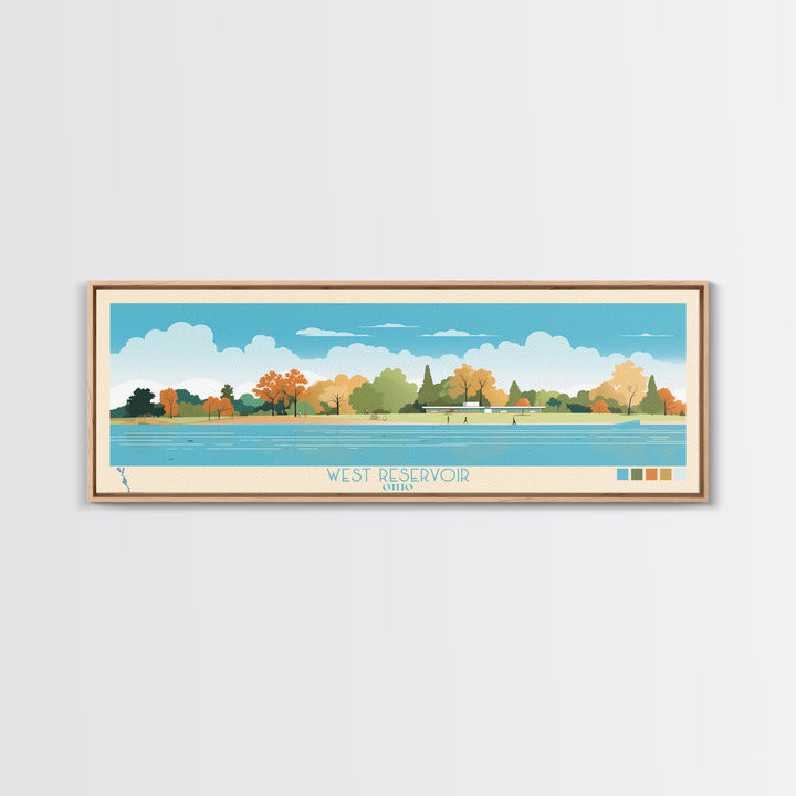 West Reservoir, Ohio Framed Canvas Print, Panoramic Lake House Decor, Midcentury Modern Art, Pop Art, Travel Poster, Living Room Wall Art