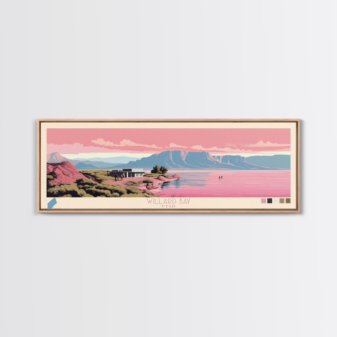 Willard Bay, Utah Framed Canvas Print, Panoramic Lake House Decor, Midcentury Modern Art, Pop Art, Travel Poster, Living Room Wall Art