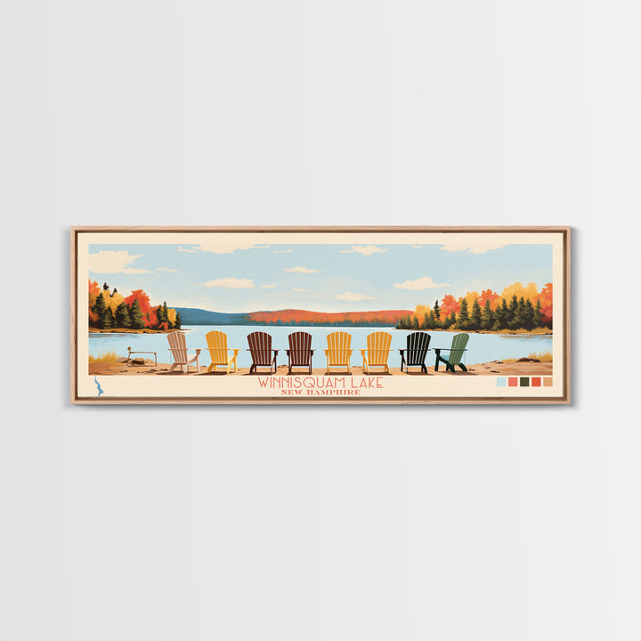 Winnisquam Lake, New Hampshire Panoramic Framed Canvas Print, Lake House Decor, Midcentury Modern Art, Pop Art, Travel Poster