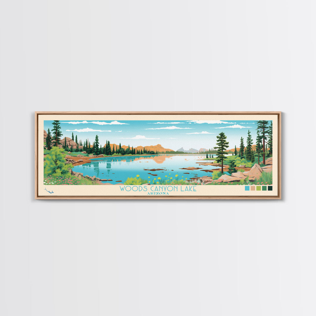 Woods Canyon Lake, Arizona Panoramic Framed Canvas Print, Lake House Art, Midcentury Modern Decor, Pop Art, Travel Poster