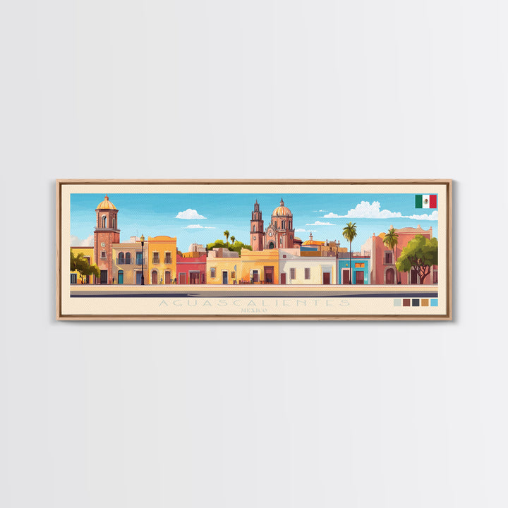 Aguascalientes, Mexico Panoramic Travel Poster Canvas Print, Aguascalientes, Mexico Painting, Mexico Art, Aguascalientes Travel Art, Guest Room Painting