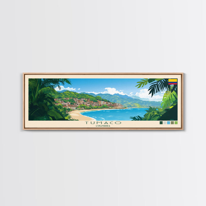 Tumaco, Colombia Panoramic Travel Poster Canvas Print, Tumaco, Colombia Painting, Colombia Art, Tumaco Panoramic Travel Art, Travel Painting