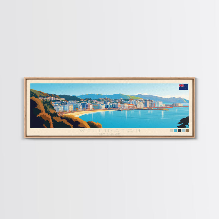 Wellington, New Zealand Panoramic Travel Poster Canvas Print, Wellington, New Zealand Painting, New Zealand Art, Wellington Panoramic Travel Art, Travel Painting