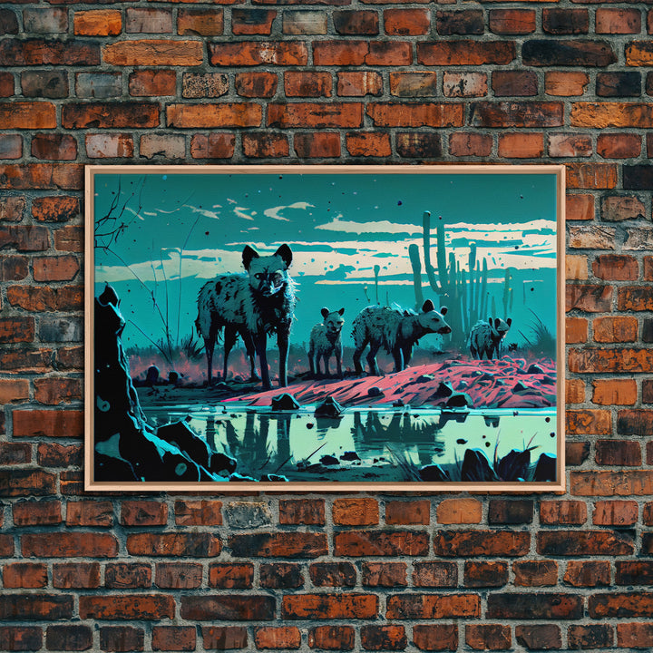 Hyenas at midnight, turquoise vaporwave art, framed canvas print