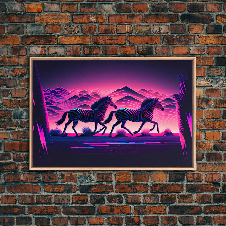 Zebras running through the plains, synthwave art, framed canvas print, framed wall art