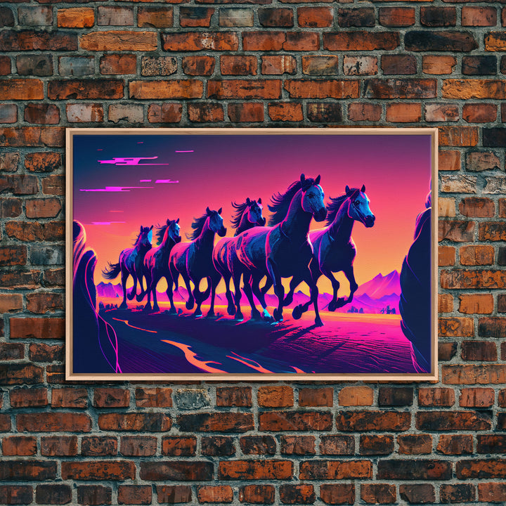 Herd of Wild Horses, American Western decor, framed canvas print, synthwave animal art