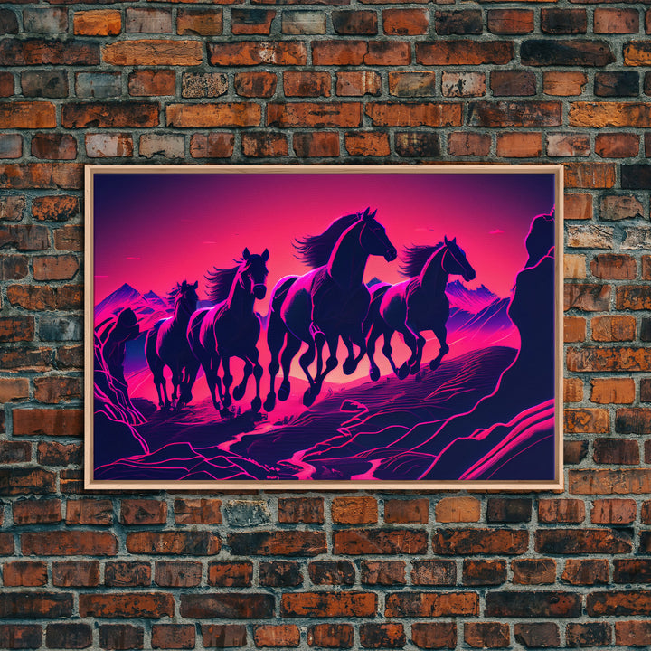 Pack of Wild Horses, American Western decor, framed canvas print, synthwave animal art