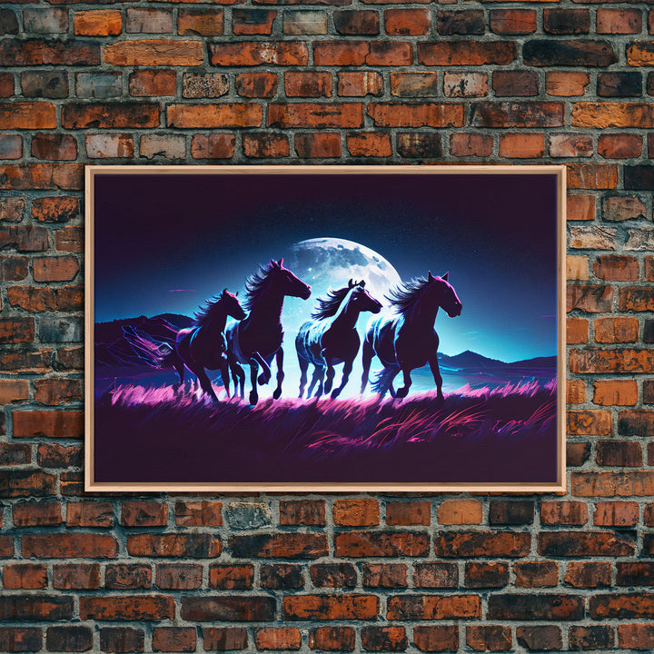 Wild horses running in the moonlight, vaporwave art, framed canvas print