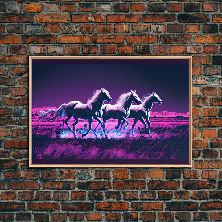 Pastel Wild horses running in the moonlight, vaporwave aesthetic art, framed canvas print