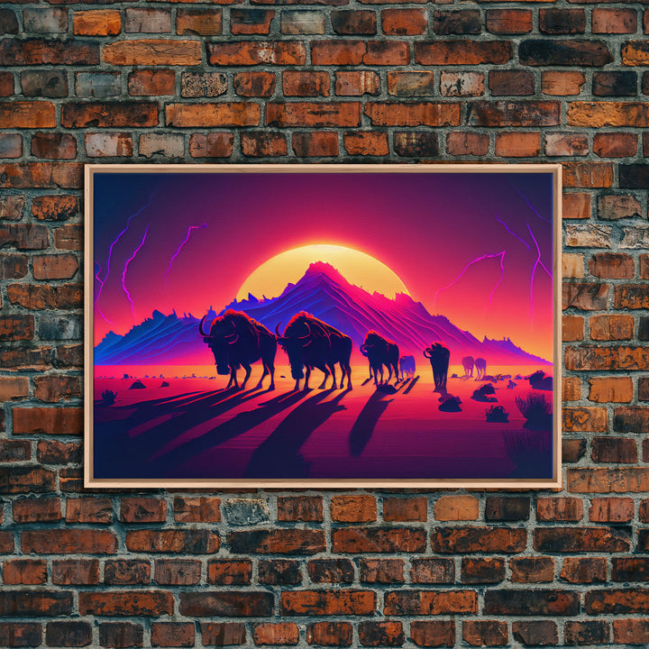 Synthwave American Buffalo, Retrowave art, herd of Bison and a setting sun, framed canvas print