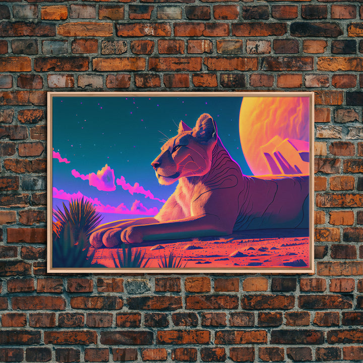 Lioness synthwave art, framed canvas print, beautiful pastel lion art