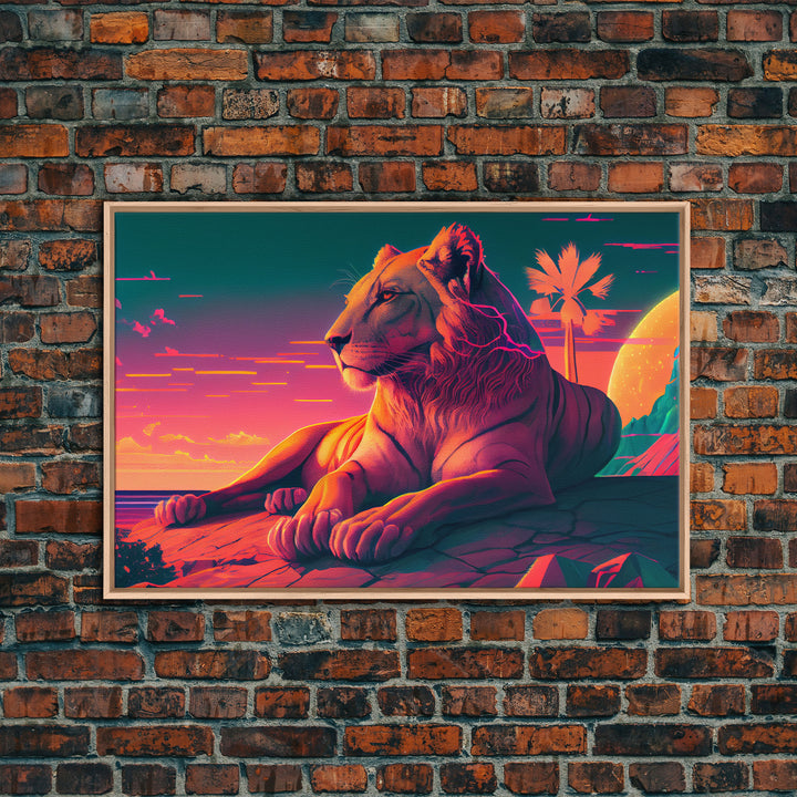 Lion contemplating life on a cliff, vibrant and colorful synthwave retro style art, framed canvas print