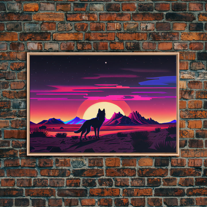 Cute fox in a Utah desert landscape, framed canvas print, framed wall art, synthwave art